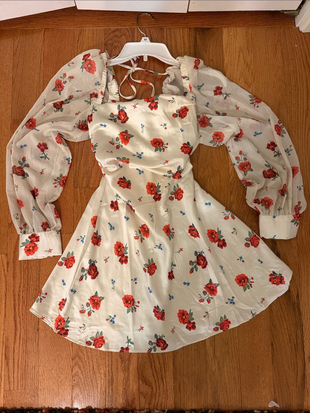 Floral Puff Sleeve Mini Dress - Red Roses on Cream